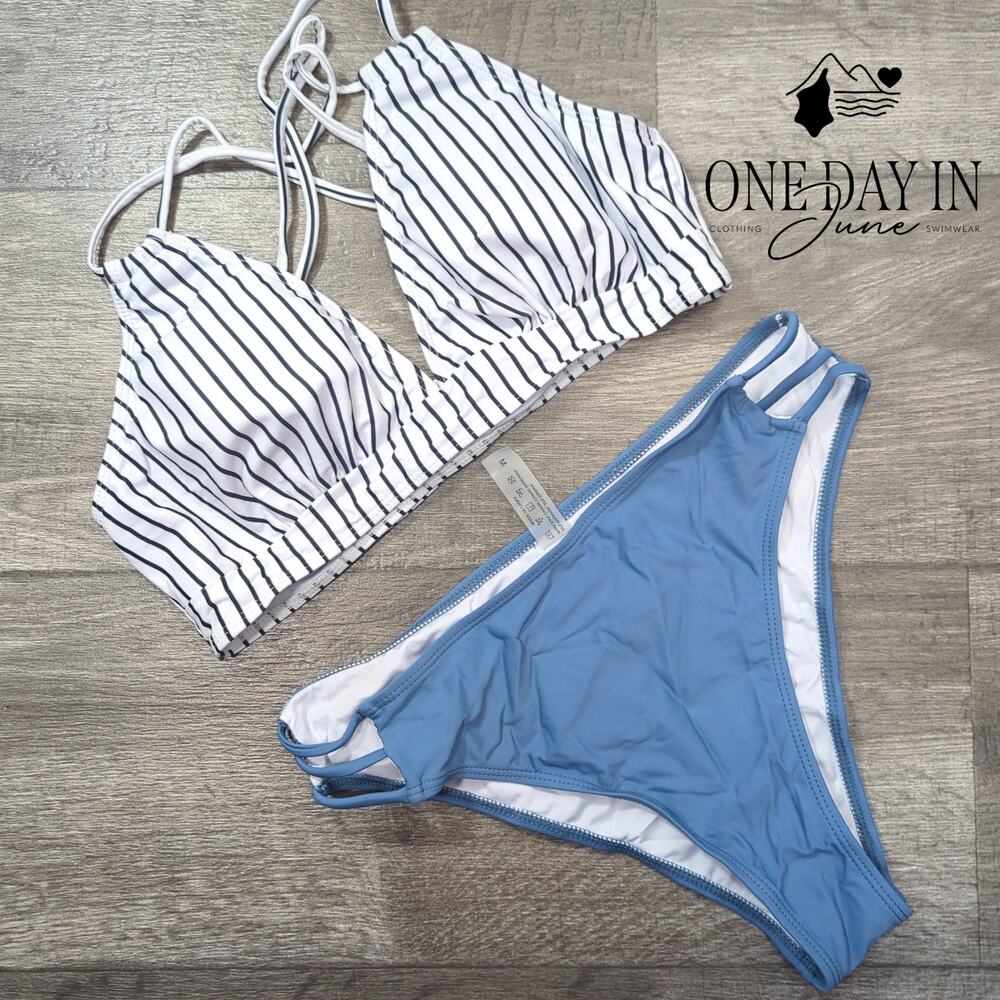 Aleumdr Striped Cross Back Bikini Swimsuit Size M
